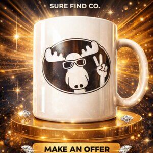 VTG Moose with Sunglasses Peace Sign White Ceramic Coffee Mug Cup Drinkware